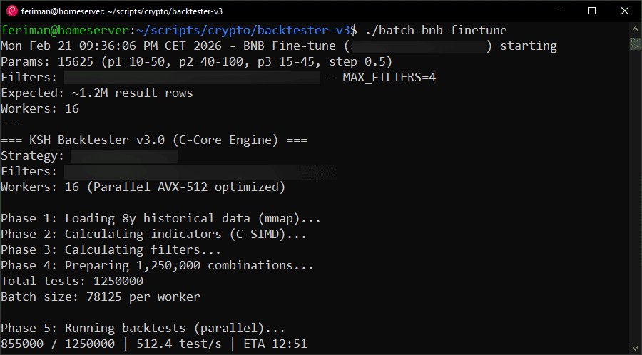 Backtester v3.0 C-Core Engine running 1.25 million tests in parallel
